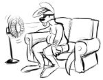 anthro black_and_white briefs briefs_only cameroo cameroo_(character) clothed clothing cooling_fan furniture hot_weather kangaroo macropod male mammal marsupial monochrome overweight overweight_male simple_background sitting sofa solo tongue tongue_out topless underwear underwear_only white_background