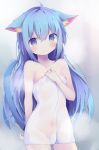  1girl ahoge animal_ear_fluff animal_ears areola_slip areolae bangs blue_eyes blue_hair blurry blurry_background blush breasts cat_ears cat_girl cat_tail closed_mouth depth_of_field eyebrows_visible_through_hair hair_between_eyes highres kyuukon_(qkonsan) long_hair looking_at_viewer medium_breasts naked_towel original see-through sidelocks solo tail tail_raised towel very_long_hair wet_towel 