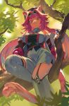  1girl absurdres animal_ears ascot beret black_hat breasts closed_mouth coat collared_shirt commentary gem goggles goggles_on_head green_gem hair_intakes hat hechium highres hololive hololive_english large_breasts long_hair long_sleeves panther_ears panther_girl panther_tail pink_coat pink_hair pink_tail raora_panthera raora_panthera_(1st_costume) shirt shorts sleeveless sleeveless_shirt smile solo tail thighhighs thighs tree virtual_youtuber white_ascot white_shirt white_shorts white_thighhighs yellow_eyes 