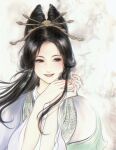  1girl absurdres black_eyes black_hair chinese_clothes chinese_commentary commentary_request commission cone_hair_bun earrings hair_bun hair_ornament hair_rings hair_stick hanfu highres jewelry long_hair long_sleeves mole mole_under_mouth oc_gulang_lilihaizi original sidelocks_tied_back smile solo upper_body 