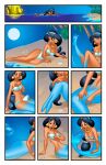 2010 aquatic beach black_hair blue_body blue_scales breasts clothing comic digital_media_(artwork) disney disney's_aladdin female gold_(metal) gold_jewelry hair hi_res human human_to_humanoid humanoid humanoid_merfolk island jewelry justinblong2003 mammal merfolk night open_mouth outside plant princess_jasmine_(disney) sand scales solo species_transformation split_form surprised transformation tree