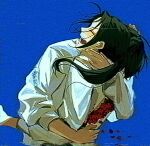  2boys axis_powers_hetalia backlighting black_hair black_pants blue_background blush china_(hetalia) closed_eyes commentary_request floating_hair flower from_behind glitch hand_on_another's_back hand_on_another's_shoulder happy highres hug japan_(hetalia) long_hair long_sleeves low_ponytail male_focus multiple_boys open_mouth pants petals ponytail puffy_long_sleeves puffy_sleeves red_flower shirt short_hair sidelocks simple_background smile solell10 teeth tongue torn_clothes torn_shirt upper_body vhs_artifacts white_shirt 