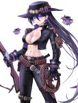  1girl 1other absurdres arisa_(charon_universe) belt bikini black_bikini black_choker black_gloves black_hat black_jacket black_pants black_shoes breasts bullet charon_universe choker cleavage collarbone cowboy_hat cropped cropped_jacket ear_piercing eruthu gloves gun hat highres holding holding_gun holding_weapon jacket large_breasts leather leather_jacket leather_pants linea_alba long_hair multicolored_hair narrow_waist navel pants piercing purple_eyes purple_hair shoes shotgun simple_background smile swimsuit thigh_belt thigh_strap tight_clothes tight_pants very_long_hair weapon whip white_background 