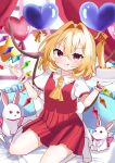  1girl :q absurdres ascot balloon bed_sheet blonde_hair blush cake commentary creature crossed_bangs crystal_wings curtains day flandre_scarlet food frilled_shirt_collar frilled_wrist_cuffs frills hair_between_eyes hair_intakes heart_balloon highres holding holding_cake holding_food indoors iris_(airisu495) kneehighs licking_lips looking_at_viewer pillow pleated_skirt puffy_short_sleeves puffy_sleeves red_eyes red_skirt red_vest seiza shirt short_hair short_sleeves side_ponytail sitting skirt sleeve_ribbon socks solo star_balloon tongue tongue_out touhou vest white_shirt white_socks window wings wrist_cuffs yellow_ascot 