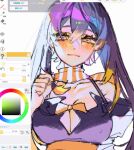  1girl amo_empool art_program_in_frame black_dress bow bowtie cleavage_cutout closed_mouth clothing_cutout colored_tips commentary_request detached_sleeves dress fukukoma gachiakuta highres looking_at_viewer multicolored_hair orange_bow orange_bowtie orange_eyes orange_hair scarf sidelocks simple_background smile solo striped_clothes striped_scarf white_background 