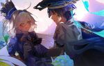  1boy 1girl ahoge armor ascot black_ascot black_hands black_shorts blue_bow blue_cape blue_eyes blue_gem blue_hair blue_hat blue_jingasa blue_pupils blue_sleeves blunt_ends blush bow brooch cape colored_extremities colored_inner_hair curled_ends dress_shirt drop-shaped_pupils eyelash_ornament eyeliner flat_chest frilled_ascot frills furina_(genshin_impact) game_screenshot_background gem genshin_impact gloves gold grabbing_another's_breast groping guided_breast_grab guiding_hand hat hetero heterochromia highres holding_hands huge_ahoge hydro_symbol_(genshin_impact) jacket japanese_armor japanese_clothes jewelry jingasa kanako_(fuwachu) kimono kote kurokote layered_sleeves long_hair long_sleeves looking_at_another makeup mismatched_pupils multicolored_hair open_clothes open_jacket open_mouth ouji_fashion outdoors parted_lips pink_sky purple_jacket purple_pupils purple_rope purple_sleeves red_eyeliner rope scaramouche_(genshin_impact) screenshot_background shirt short_sleeves shorts side_cape sketch sky streaked_hair suit_jacket symbol-shaped_pupils tsurime undershirt v-shaped_eyebrows variant_set vision_(genshin_impact) wanderer_(genshin_impact) white_eyes white_gloves white_hair white_kimono white_mouth white_shirt white_sleeves white_trim 