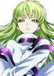  1girl bangs bodysuit breasts breasts_apart c.c. code_geass eyebrows_visible_through_hair floating_hair green_hair half-closed_eyes long_hair looking_at_viewer medium_breasts parted_lips shiny shiny_hair solo tsukikage_oyama upper_body very_long_hair white_background white_bodysuit yellow_eyes 