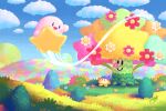  bandana bandana_waddle_dee blue_bandana blue_sky blush bush clip_studio_paint_(medium) closed_mouth cloud commentary day english_commentary flower flowery_woods flying grass kirby kirby:_triple_deluxe kirby_(series) knitetgantt making-of_available no_humans no_mouth open_mouth outdoors pink_flower red_flower riding signature sky smile warp_star white_flower 