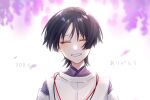  1boy 316_yogurt black_hair blunt_ends blurry blurry_background choppy_bangs closed_eyes clothing_cutout eyeliner facing_viewer falling_petals flower genshin_impact highres japanese_clothes kimono layered_sleeves light_blush makeup male_focus mandarin_collar open_mouth outdoors petals portrait purple_kimono purple_petals purple_sleeves red_eyeliner scaramouche_(genshin_impact) scaramouche_(kabukimono)_(genshin_impact) shoulder_cutout smile solo straight-on string translation_request white_background white_mouth white_sleeves wisteria 