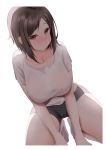  1girl absurdres bike_shorts blush breasts brown_eyes brown_hair closed_mouth collarbone dumbbell_nan_kilo_moteru? highres kneeling large_breasts looking_at_viewer mole mole_under_eye sang4521 shirt short_sleeves simple_background socks solo tachibana_satomi white_background white_shirt 