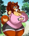  absurd_res anthro big_breasts black_nose blush bottomwear breasts canid canine canis cleavage clothed clothing dessert domestic_dog eyebrows eyewear female food fur glasses green_eyes hair hi_res ice_cream looking_at_viewer mammal orange_body orange_fur ponytail round_glasses solo standing superia superix thick_thighs topwear tree wide_hips 