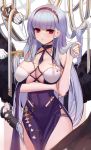  1girl azur_lane bangs bare_shoulders blunt_bangs blush breasts cleavage collarbone comb covered_navel dido_(anxious_bisque_doll)_(azur_lane) dido_(azur_lane) disembodied_hands dress eternity_(shadeh) hairband halter_dress hands_on_another&#039;s_thigh highres large_breasts long_hair looking_at_viewer multiple_hands pelvic_curtain purple_dress purple_hairband red_eyes side_slit silver_hair 