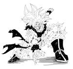 130chako23 1boy battle_damage boots dragon_ball dragon_ball_super full_body greyscale highres male_focus monochrome muscular muscular_male pants shirt simple_background solo son_goku spiked_hair torn_clothes torn_pants torn_shirt ultra_instinct white_background 
