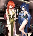  2girls absurdres alternate_costume augusta_(wuthering_waves) bare_shoulders blue_dress blue_hair breasts commentary cup cyk_(cyk451) dress drinking_glass earrings evening_gown hair_between_eyes hand_on_own_hip highres holding holding_cup indoors iuno_(wuthering_waves) jewelry long_hair medium_breasts multiple_girls no_panties open_mouth orange_hair red_eyes side_slit smile thighs twintails wuthering_waves yellow_dress 
