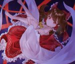  1girl absurdres ascot barefoot bow brown_eyes brown_hair closed_mouth commentary_request detached_sleeves frilled_bow frilled_hair_tubes frilled_skirt frills gagaku_kawa_rei hair_bow hair_tubes hakurei_reimu highres long_hair looking_at_viewer red_bow red_skirt skirt skirt_set solo toes touhou yellow_ascot 
