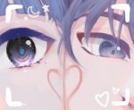  1boy 1girl black_eyes blue_hair blue_pupils blunt_bangs character_name cheek-to-cheek choppy_bangs colored_eyelashes crescent eye_focus eyeliner facial_mark genshin_impact grey_eyes grey_hair heads_together heart heart_facial_mark kamisato_ayaka looking_at_viewer lrw_lrw makeup mole mole_under_eye purikura red_eyeliner scaramouche_(genshin_impact) star_(symbol) tsurime viewfinder 
