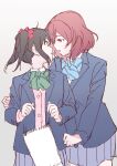  2girls absurdres black_hair blazer blue_bow blue_bowtie blue_jacket blue_skirt bow bowtie cardigan commentary_request cowboy_shot diagonal-striped_bow diagonal-striped_bowtie diagonal-striped_clothes dropping eye_contact face-to-face green_bow green_bowtie hair_bow highres inazuma_(elect_line) jacket looking_at_another love_live! love_live!_school_idol_project medium_hair miniskirt multiple_girls nishikino_maki open_clothes open_jacket open_mouth otonokizaka_school_uniform parted_lips pink_cardigan pleated_skirt purple_eyes red_bow red_eyes red_hair school_uniform simple_background skirt striped_bow striped_bowtie striped_clothes twintails white_background yazawa_nico yuri 