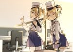  2girls aoi_tsunami bangs blonde_hair blue_dress blurry blurry_background box cardboard_box chair clipboard closed_mouth commentary_request cubicle depth_of_field desk dress grin hat holding indoors jacket long_hair long_sleeves multiple_girls office_chair original ponytail puffy_long_sleeves puffy_sleeves shako_cap smile white_headwear white_jacket 