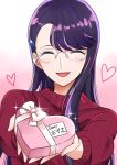  1girl :d asymmetrical_bangs bangs blush bow box closed_eyes facing_viewer glasses heart heart-shaped_box heartcatch_precure! holding holding_box long_hair open_mouth pink_bow precure purple_hair red_sweater ribbed_sweater rimless_eyewear shiny shiny_hair smile solo sweater swept_bangs tsukikage_oyama tsukikage_yuri valentine white_background 