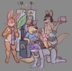 all_fours anthro black_bottomwear black_clothing black_hair black_pants blue_clothing blue_shirt blue_t-shirt blue_topwear bottomwear briefs briefs_only brown_body brown_fur buckteeth cameroo cameroo_(character) clothed clothing collar drink_glass drink_pitcher drinking eyes_closed eyewear fur glasses green_briefs green_clothing green_underwear grey_body grey_fur hair hazard_symbol holding_plant holding_platter human_furniture hypnosis ice ice_cube kangaroo lagomorph larathelabrat leporid macropod male male/male mammal marsupial mind_control monotone_briefs monotone_clothing monotone_underwear open_mouth open_smile orange_body orange_fur pants platter procyonid rabbit raccoon radiation_symbol scarf science_fiction shirt sitting smile spiral spiral_eyes symbol t-shirt tan_body tan_fur teeth teeth_showing tighty_whities topless topless_anthro topless_male topwear underwear underwear_only white_briefs white_clothing white_underwear