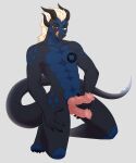 2_penises 4_toes 5_fingers abs anthro black_body black_claws black_eyebrows black_horn blonde_hair blue_markings chest_tattoo claws collarbone colored digital_drawing_(artwork) digital_media_(artwork) dragon erection eyebrows feet fingers forked_tongue genitals green_eyes hair half-closed_eyes hi_res holding_own_penis holding_penis horn kneeling knot knotted_penis licking licking_lips male markings multi_genitalia multi_penis mythological_creature mythological_scalie mythology narrowed_eyes nollya penis pink_penis scalie shaded short_hair simple_background solo tail tattoo toes tongue tongue_out white_background wingless_dragon
