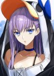  1girl bangs blue_bow blue_eyes bow breasts choker cleavage collarbone eyebrows_visible_through_hair fate/grand_order fate_(series) hair_between_eyes long_hair meltryllis meltryllis_(swimsuit_lancer)_(fate) parted_lips purple_hair shiny shiny_hair small_breasts solo straight_hair tsukikage_oyama upper_body 