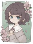  1girl brown_hair brown_sweater cherry_blossoms closed_mouth collared_shirt commentary_request ear_piercing earrings falling_petals frilled_shirt_collar frills gold_earrings green_eyes hands_on_own_chest hands_up harukairo highres jewelry long_sleeves looking_at_viewer neck_ribbon original petals piercing pink_petals red_ribbon ribbon shirt short_hair sleeves_past_wrists solo sweater white_shirt 