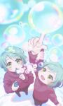  2girls aged_down aqua_hair bang_dream! blowing_bubbles bubble commentary english_commentary green_eyes highres hikawa_hina hikawa_sayo multiple_girls pink_sweater pointing pointing_up short_hair siblings signature sisters sweater twins xin_(blueramen) 