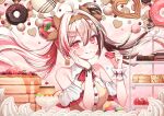  1girl :3 :q apple apple_slice bare_shoulders blueberry breasts brown_hair brown_shirt checkerboard_cookie cherry closed_mouth commentary_request cookie donut floating_hair food food_on_face food_request fruit hands_up heart highres holding holding_food long_hair macaron medium_breasts multicolored_hair original pancake pancake_stack pudding raspberry red_eyes red_hair shibainu shirt solo strawberry streaked_hair tiered_tray tongue tongue_out twintails very_long_hair whipped_cream 