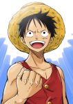  1boy :d black_eyes black_hair clenched_hand collarbone facial_scar hat male_focus monkey_d_luffy one_piece open_mouth scar scar_on_cheek sleeveless smile solo straw_hat sun_hat tsukikage_oyama yellow_headwear 