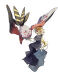  1332486839 1girl absurdres bird black_dress blonde_hair bow bowtie dress facing_away highres hobble_dress invisible_chair long_dress long_sidelocks looking_to_the_side low_ponytail outstretched_arm pokemon pokemon_(creature) pokemon_adventures ponytail sidelocks sitting spread_legs talonflame turning_head white_background white_bow white_bowtie wide_spread_legs yellow_(pokemon) yellow_eyes 