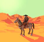 ambiguous_gender black_clothing black_hat black_headwear boots clothing cowboy_boots cowboy_hat day desert duo fallout feral footwear giddyup_buttercup_(fallout) hat hazard-girl headgear headwear humanoid machine metallic_body microsoft new_vegas not_furry outside primm_slim_(fallout) protectron_(fallout) quadruped reins riding_horse robot robot_humanoid saddle shadow shoes spurs standing wearing_boots wearing_hat