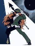  1girl 1other breasts collared_shirt freckles full_body glint gloves green_hat green_jacket green_pants harpoon hat hat_over_one_eye highres holding holding_harpoon imminent_attack imminent_throw jacket limbus_company long_hair long_sleeves looking_at_viewer one_eye_covered orange_hair pants parted_lips peaked_cap peg_leg pequod_(identity)_(project_moon) project_moon shirt smoking_pipe solo_focus sparkle the_pallid_whale throwing tsugino223 twitter_username very_long_hair weapon whale white_gloves white_shirt yellow_eyes 