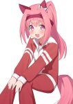 1girl absurdres animal_ears blush bow ear_bow ear_covers flower-shaped_pupils flower_in_eye freely2327 hairband haru_urara_(umamusume) headband highres horse_ears horse_girl horse_tail jacket long_hair open_mouth pants pink_eyes pink_hair pink_headband ponytail red_headband red_jacket red_pants red_track_suit shirt simple_background sitting smile solo symbol-shaped_pupils symbol_in_eye tail tracen_training_uniform track_jacket track_pants track_suit umamusume white_background white_shirt 