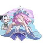  2girls black_bow black_hairband blue_hat blue_kimono bow bow_hairband cherry_blossoms closed_eyes commentary_request dango food green_vest hairband hat holding japanese_clothes kimono konpaku_youmu mob_cap multiple_girls pink_hair saigyouji_yuyuko shirt short_hair tenx2_1341 touhou vest wagashi white_hair white_shirt 