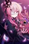  1girl absurdres bandaged_arm bandages black_corset black_dress chuunibyou closed_mouth commentary_request corset dress expressionless eyepatch falling_petals flower gagaku_kawa_rei gothic_lolita half_mask hata_no_kokoro highres lolita_fashion long_hair looking_at_viewer mask medical_eyepatch neck_flower petals pink_eyes pink_hair purple_petals red_flower red_rose rose solo touhou touhou_lostword 