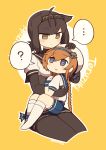  ... 2girls ? black_bodysuit black_headband black_skirt blue_skirt bodysuit braid brown_hair character_name grey_eyes hachimaki hair_flaps hat hatsuzuki_(kantai_collection) headband highres kantai_collection light_brown_hair long_hair multiple_girls neckerchief outline petting pleated_skirt sailor_hat school_uniform serafuku short_hair simoyuki simple_background sitting sitting_on_lap sitting_on_person skirt smile spoken_ellipsis spoken_question_mark teruzuki_(kantai_collection) twin_braids white_legwear white_outline yellow_background yellow_eyes 