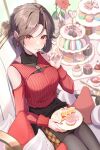  1girl :t absurdres bare_shoulders black_pantyhose black_skirt blush bodystocking breasts brown_hair cake cake_slice chair cherry cleavage closed_mouth clothing_cutout commentary_request cookie covered_collarbone cream cup cupcake curtained_hair dessert earrings eating flower food forehead fork fruit hair_between_eyes halterneck hand_up heart highres holding holding_fork holding_plate indoors jewelry large_breasts long_hair long_sleeves looking_at_viewer macaron muffin nail_polish on_chair original pantyhose pie pink_nails plate red_eyes red_flower red_rose red_sweater ribbed_sweater rose see-through_cleavage see-through_clothes shoulder_cutout sitting skirt sleeves_past_wrists solo spoon strawberry strawberry_cake strawberry_shortcake sweater swept_bangs teacup thighs tiered_tray vami vase window 