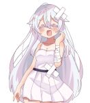  1girl ^_^ arm_at_side bandaged_wrist bandages bandaid bandaid_hair_ornament belt black_belt borrowed_character breasts chestnut_mouth cleavage closed_eyes collarbone commission crossed_bandaids double-parted_bangs dress hair_between_eyes hair_flaps hair_ornament hand_up happy highres light_blush long_hair open_mouth original pleated_dress scar scar_on_arm second-party_source self-harm_scar sidelocks simple_background small_breasts smile solo sorimachi-doufu standing sundress tachi-e very_long_hair white_background white_dress white_theme 