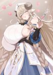  1girl absurdres anais_(azur_promilia) animal_ears azur_promilia blue_dress blue_eyes blush braid breasts brown_background brown_hair commentary_request covered_nipples curled_horns detached_sleeves dress hair_between_eyes hair_ornament hat hci+ heart highres holding holding_syringe horns huge_breasts long_hair looking_at_viewer open_mouth simple_background smile solo standing symbol-shaped_pupils syringe twin_braids very_long_hair white_dress white_hat 