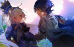  1boy 1girl ahoge armor ascot black_ascot black_hands black_shorts blue_bow blue_cape blue_eyes blue_gem blue_hair blue_pupils blue_sleeves blunt_ends blush bow brooch cape colored_extremities colored_inner_hair curled_ends dress_shirt drop-shaped_pupils eyelash_ornament eyeliner flat_chest frilled_ascot frills furina_(genshin_impact) game_screenshot_background gem genshin_impact gloves grabbing_another's_breast groping guided_breast_grab guiding_hand hetero heterochromia highres holding_hands huge_ahoge hydro_symbol_(genshin_impact) jacket japanese_armor japanese_clothes jewelry kanako_(fuwachu) kimono kote kurokote layered_sleeves long_hair long_sleeves looking_at_another makeup mismatched_pupils multicolored_hair open_clothes open_jacket open_mouth ouji_fashion outdoors parted_lips pink_sky purple_jacket purple_pupils purple_rope purple_sleeves red_eyeliner rope scaramouche_(genshin_impact) screenshot_background shirt short_sleeves shorts side_cape sketch sky streaked_hair suit_jacket symbol-shaped_pupils tsurime undershirt v-shaped_eyebrows variant_set vision_(genshin_impact) wanderer_(genshin_impact) white_eyes white_gloves white_hair white_kimono white_mouth white_shirt white_sleeves white_trim 