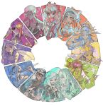  6+boys 6+girls amo_empool art_program_in_frame black_eyes black_hair blonde_hair blue_eyes color_wheel_challenge commentary_request dark-skinned_female dark_skin eishia_stilza enjin_(gachiakuta) flipped_hair folded_ponytail follo_tunito fukukoma gachiakuta goggles goggles_on_headwear gountess_knock gradient_hair grey_hair hat highres hyouka_nijiku looking_at_viewer multicolored_hair multiple_boys multiple_drawing_challenge multiple_girls orange_eyes orange_hair rainbow_order red_hair riyo_reaper rudo_surebrec semiu_grier short_hair sidelocks simple_background sparkle tamsy_caines too_lily ushanka white_background white_hair white_hat yellow_eyes zanka_nijiku 