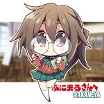 1girl akaneya blurry blurry_background blush_stickers bow bowtie brown_eyes brown_hair brown_shoes buttons chibi chibi_only closed_mouth commentary_request commissioner_name double-parted_bangs full_body glasses green_bow green_bowtie green_skirt hair_between_eyes holding holding_notebook holding_pencil jacket kneehighs layered_sleeves leg_up letterboxed long_hair long_sleeves looking_at_viewer miniskirt notebook outline outside_border pencil pleated_skirt red_jacket round_eyewear school_uniform second-party_source shoes skirt smile socks solo standing standing_on_one_leg twitter_username white_outline white_socks wiz_(game) wiz_(taito) 