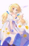  1girl aki_rosenthal bangs bare_shoulders blonde_hair blue_bow blush bow breasts cleavage collarbone commentary_request detached_hair flower fuenyuan hair_ornament hololive long_hair looking_at_viewer purple_eyes short_sleeves simple_background smile solo translated twintails v virtual_youtuber white_background yellow_flower 