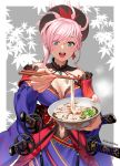  1girl absurdres bangs bare_shoulders blue_eyes blue_kimono blush border bowl breasts chopsticks cleavage earrings fate/grand_order fate_(series) food grey_background hair_ornament highres holding holding_bowl holding_chopsticks japanese_clothes jewelry katana kimono large_breasts long_hair long_sleeves looking_at_viewer magatama miyamoto_musashi_(fate/grand_order) navel navel_cutout noodles obi open_mouth pink_hair ponytail saruchitan sash simple_background smile swept_bangs sword udon weapon white_border wide_sleeves 