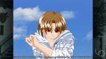  1girl 2000s_(style) anime_coloring atelier-moo blocking breasts brown_eyes brown_hair cleavage clenched_teeth collarbone game_cg half-closed_eye hand_up hood hoodie large_variant_set long_sleeves medium_breasts non-web_source official_art parted_hair patty_sole pink_tank_top short_hair sky solo standing tank_top teeth upper_body v-shaped_eyebrows variant_set yuukyuu_gensoukyoku 