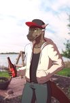  alcohol anthro avoid_posting beer belt beverage bottomwear clothed clothing fully_clothed hat headgear headwear hi_res hoodie jeans lizard male multicolored_body pants reptile scalie shirt solo spacepoptart thorns topwear 