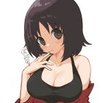  1girl :o alina_(girls_und_panzer) bangs black_shirt breasts brown_eyes brown_hair cleavage eyebrows_visible_through_hair finger_to_mouth girls_und_panzer head_tilt highres large_breasts looking_at_viewer medium_hair parted_lips red_shirt shirt shirt_pull simple_background solo tank_top translated upper_body white_background yabai_gorilla 
