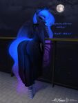 3:4 absurd_res anthro big_butt blue_body blue_eyes blue_hair blue_tail butt clearvision clothing cloud crown cutie_mark dialogue dress english_text equid equine ethereal_hair ethereal_tail eyebrows eyelashes feathered_wings feathers female footwear friendship_is_magic full_moon hair hasbro headgear hi_res horn mammal moon my_little_pony mythological_creature mythological_equine mythology night princess_luna_(mlp) railing shoes solo tail text tiara translucent translucent_clothing translucent_dress winged_unicorn wings