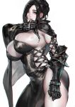  1girl aoin armor black_cape black_dress breasts cape cleavage closed_mouth commentary_request corset criss-cross_straps dress gauntlets grey_eyes hair_up heterochromia highres lace-up_top large_breasts looking_at_viewer original pale_skin purple_eyes side_slit sidelocks simple_background solo strapless strapless_dress white_background 